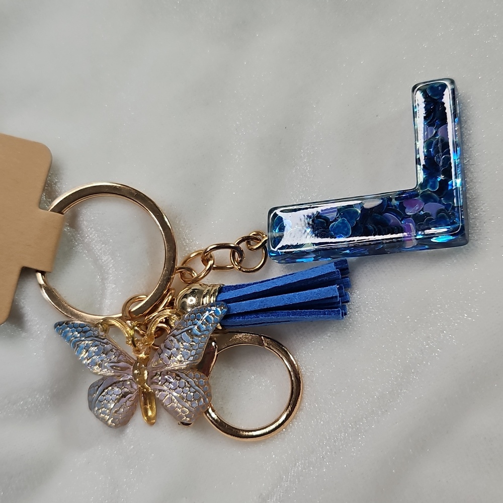 Initial Letter "L" Blue Butterfly Resin Keychain Purse Charm Handbag Charm NWOT - Picture 3 of 4